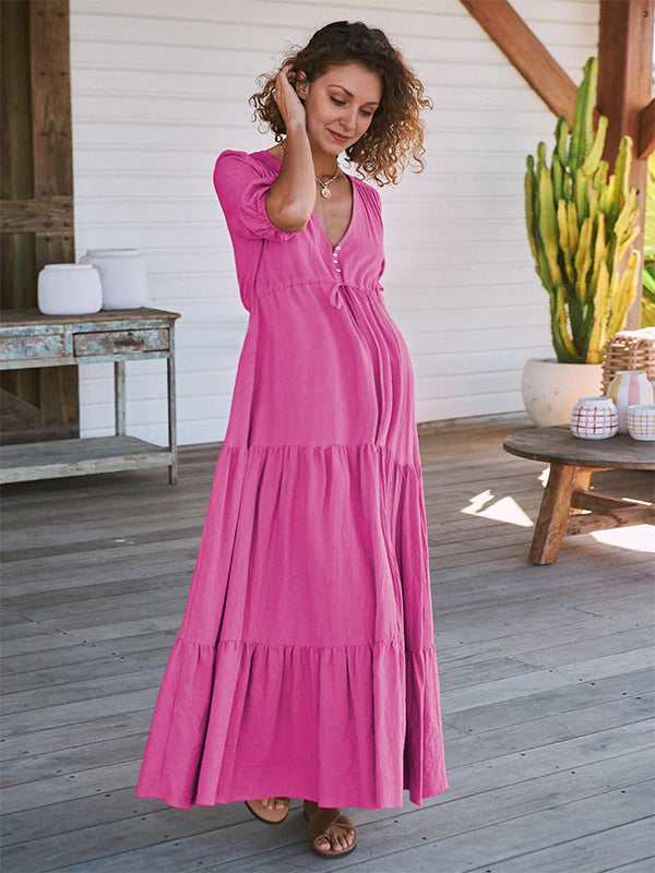 Robes longue de grossesse coulisse taille-Rose poudré