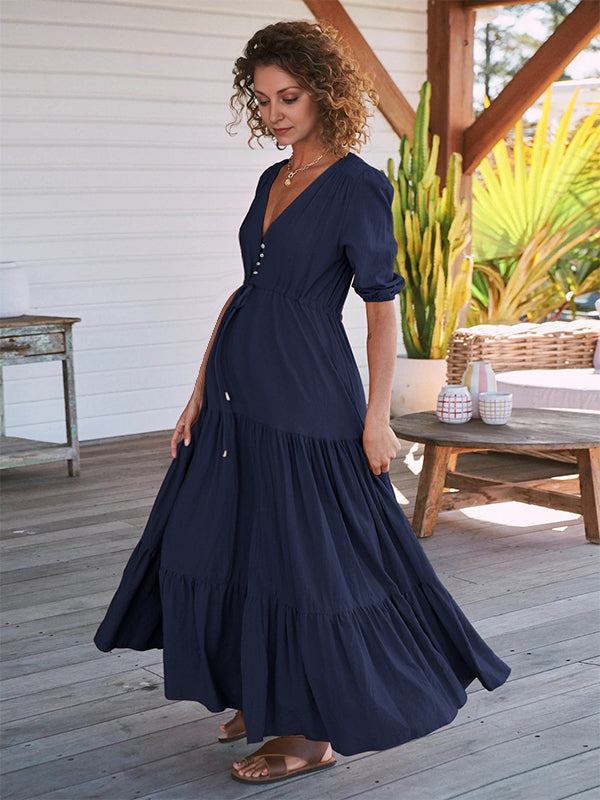 Robes longue de grossesse coulisse taille-Bleu foncé
