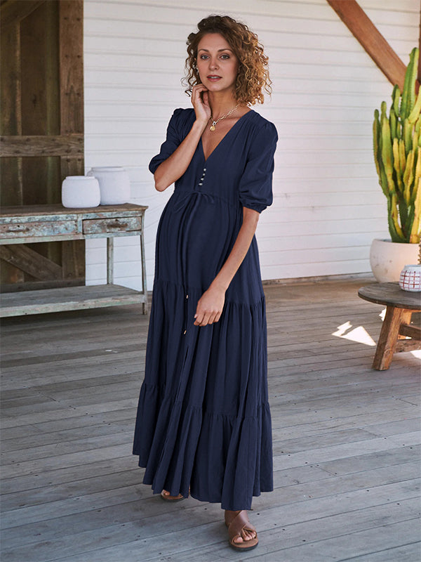 Robes longue de grossesse coulisse taille-Bleu foncé