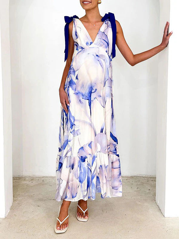 Robes longue de grossesse imprimé fleurie-Bleu