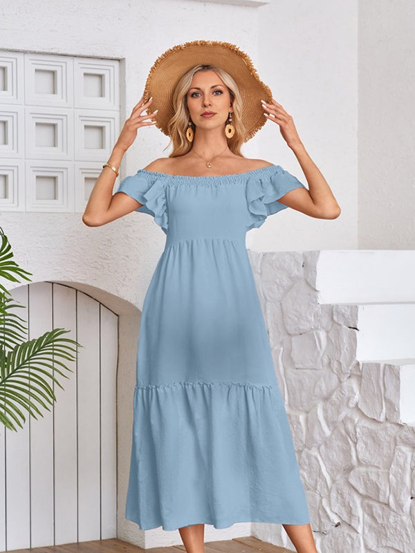 Robes longue de grossesse manches volantes-Bleu clair