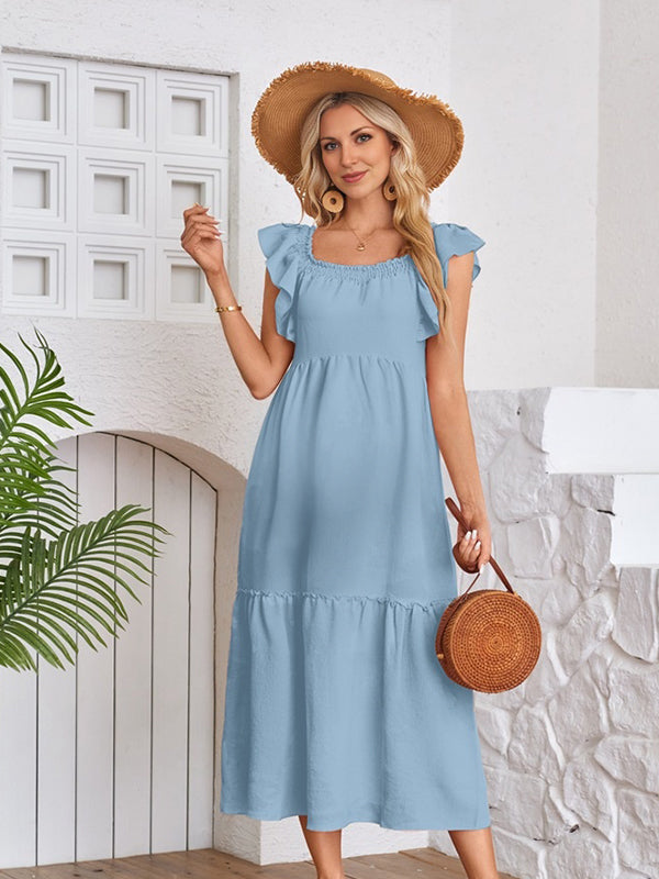 Robes longue de grossesse manches volantes-Bleu clair
