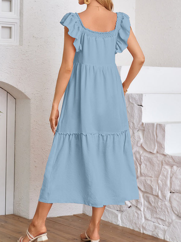 Robes longue de grossesse manches volantes-Bleu clair