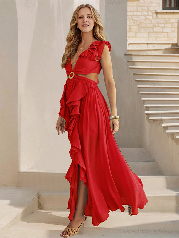 Robes longue de grossesse volants-Rouge