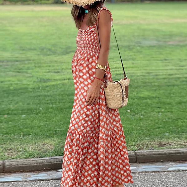 Robe longue grossesse imprimé fleurie volants fluide trapèze orange