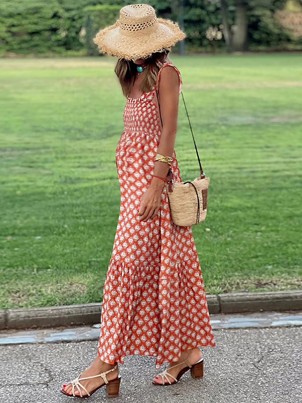 Robe longue grossesse imprimé fleurie volants fluide trapèze orange