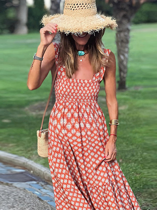 Robe longue grossesse imprimé fleurie volants fluide trapèze orange