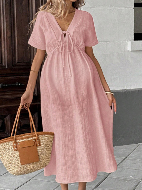 Robe longue grossesse coulisse taille fluide trapèze rose