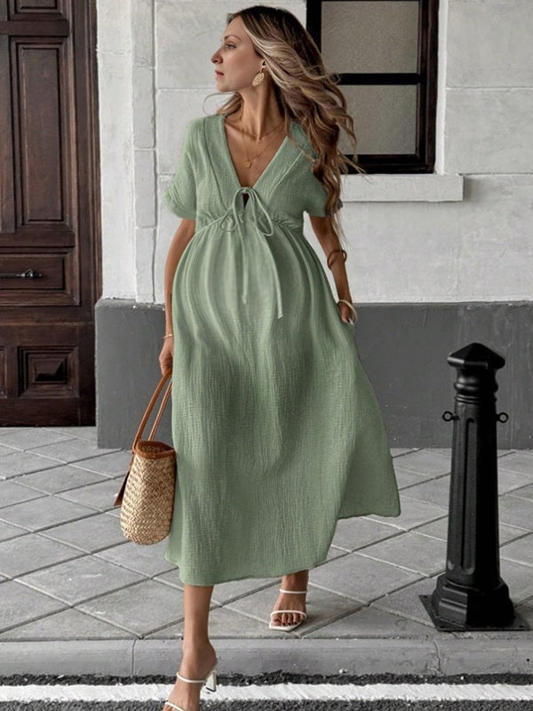 Robe longue grossesse coulisse taille fluide trapèze vert