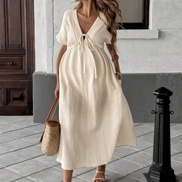 Robe longue grossesse coulisse taille fluide trapèze abricot