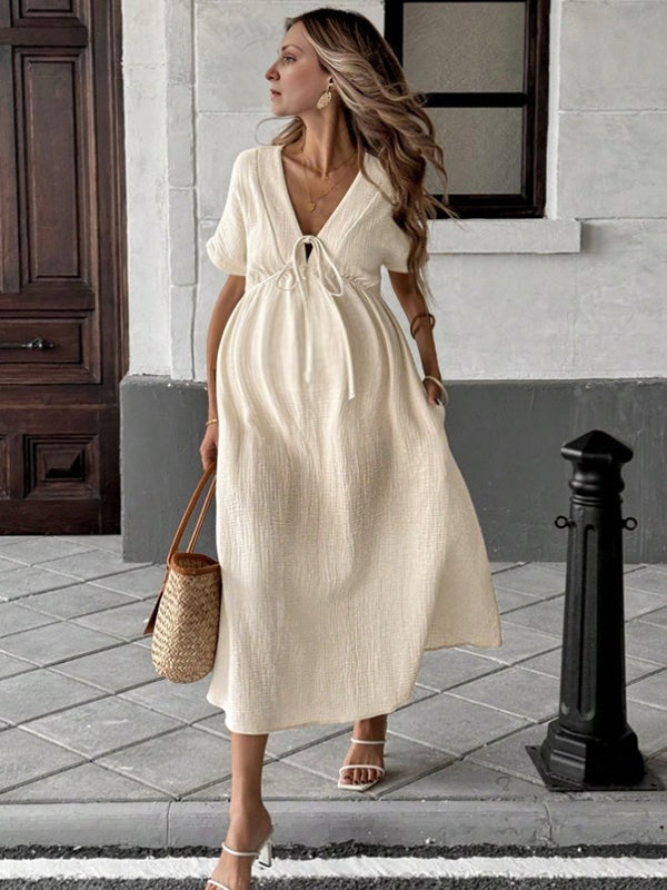 Robe longue grossesse coulisse taille fluide trapèze abricot
