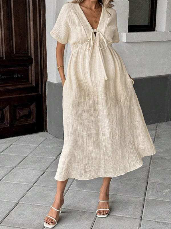 Robe longue grossesse coulisse taille fluide trapèze abricot