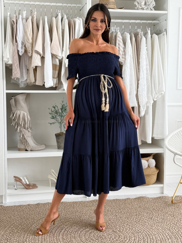 Robe longue grossesse ceinture épaule dénudée fluide bleu marine