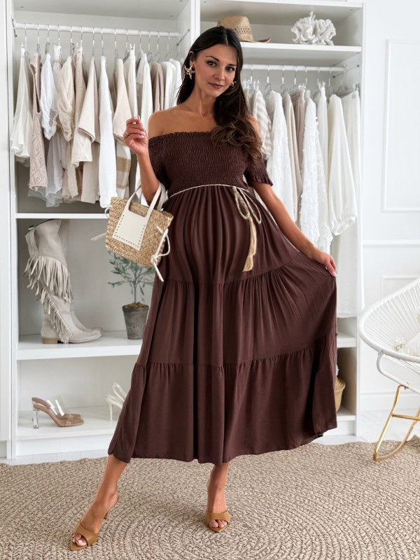 Robe longue grossesse ceinture épaule dénudée fluide café