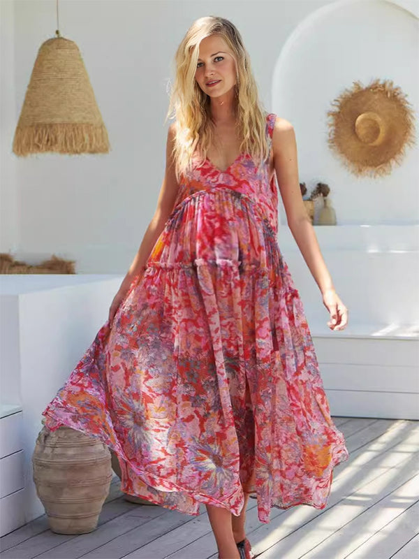 Robes longue de grossesse imprimé fleurie-Rose poudré
