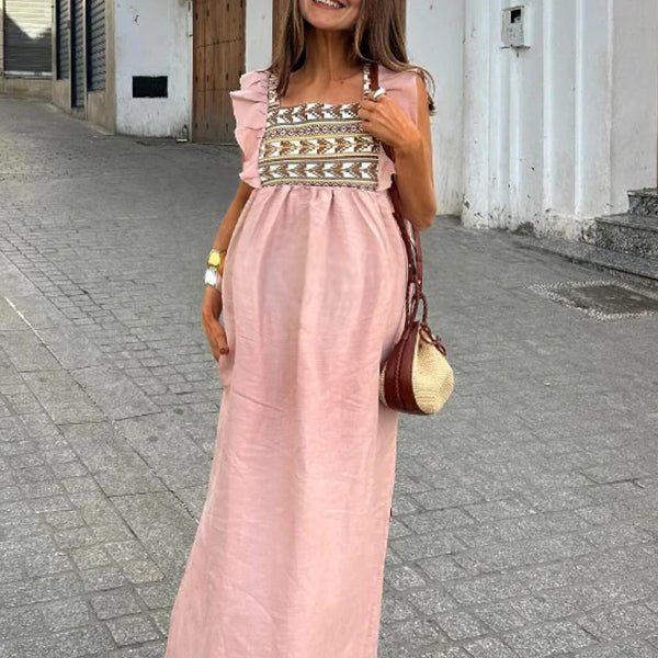 Robe longue grossesse tribal volants fluide trapèze rose