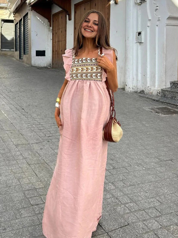 Robe longue grossesse tribal volants fluide trapèze rose