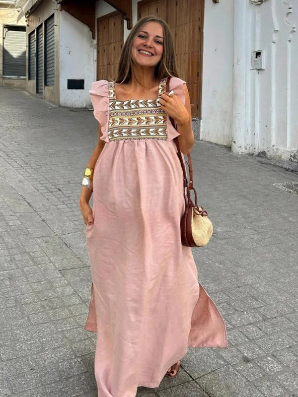 Robe longue grossesse tribal volants fluide trapèze rose