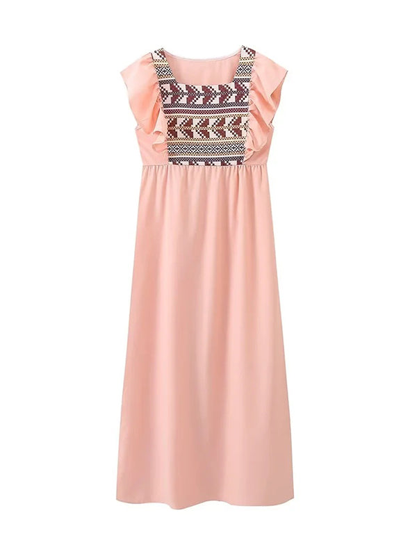 Robe longue grossesse tribal volants fluide trapèze rose