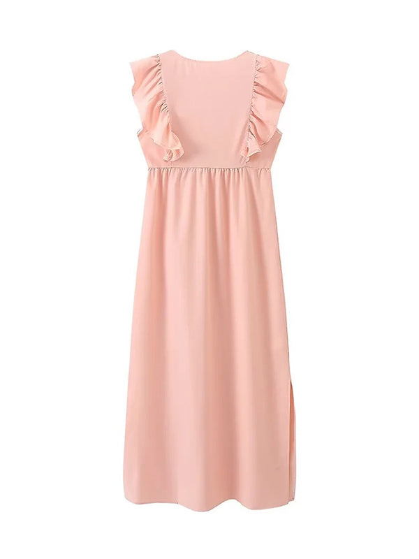 Robe longue grossesse tribal volants fluide trapèze rose