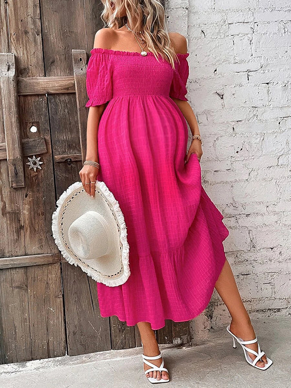 Robe longue grossesse épaule dénudée volants rose framboise
