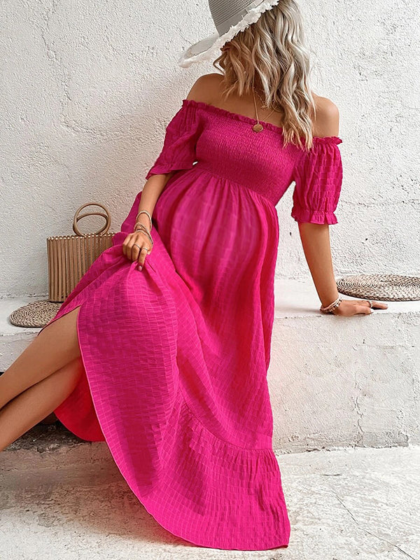 Robe longue grossesse épaule dénudée volants rose framboise