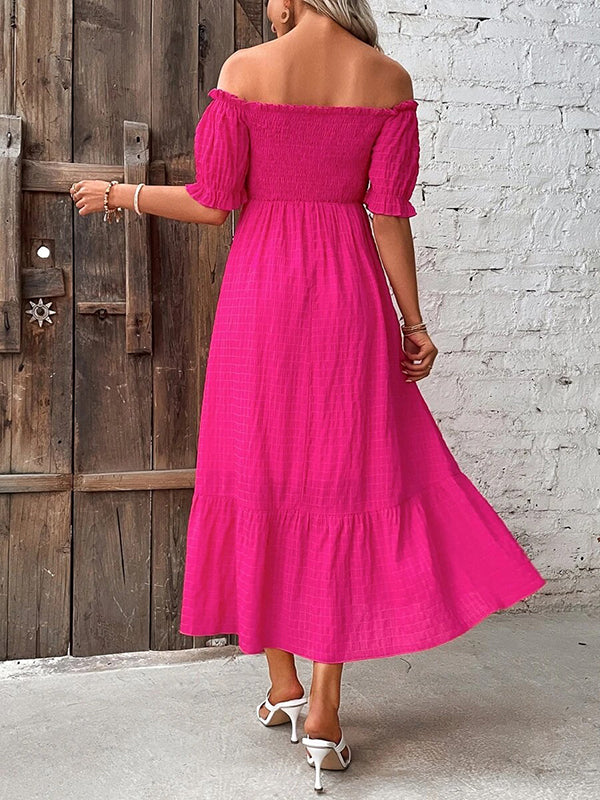 Robe longue grossesse épaule dénudée volants rose framboise