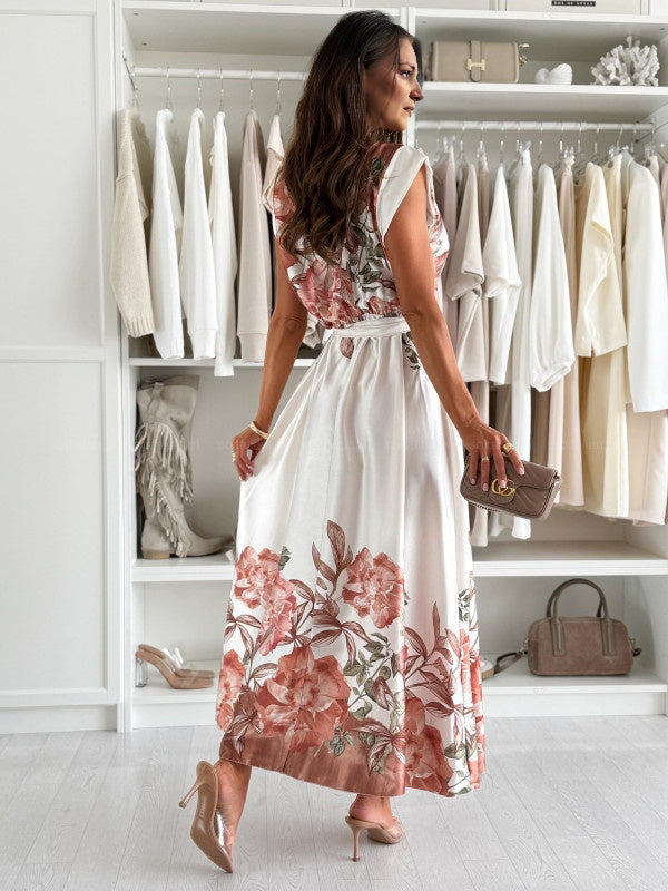 Robe longue grossesse imprimé fleurie ceinture fluide blanche