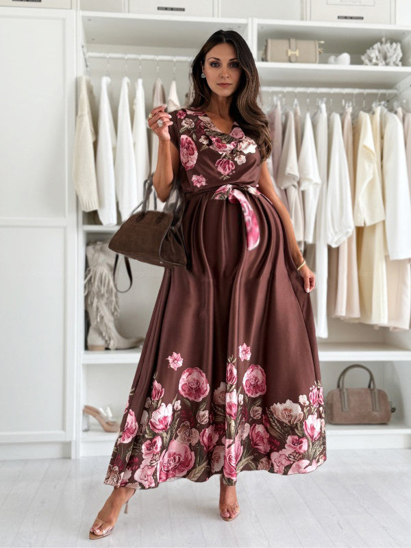 Robe longue grossesse imprimé fleurie ceinture fluide bordeaux