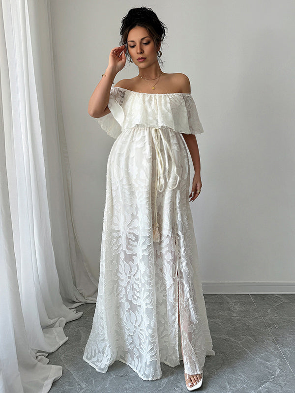 Robe longue grossesse volants fendu le côté ceinture blanche