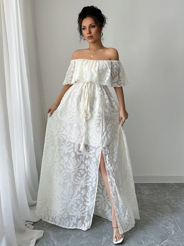Robe longue grossesse volants fendu le côté ceinture blanche