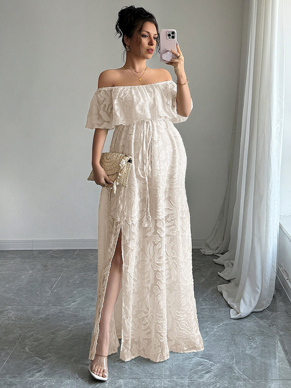 Robe longue grossesse volants fendu le côté ceinture abricot