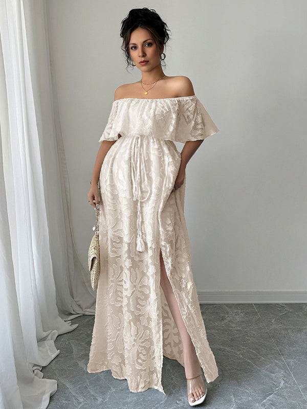 Robe longue grossesse volants fendu le côté ceinture abricot