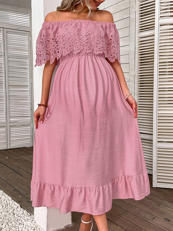 Robe longue grossesse dentelle volants épaule dénudée rose