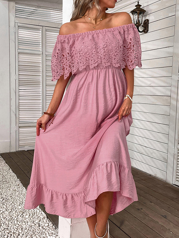 Robe longue grossesse dentelle volants épaule dénudée rose