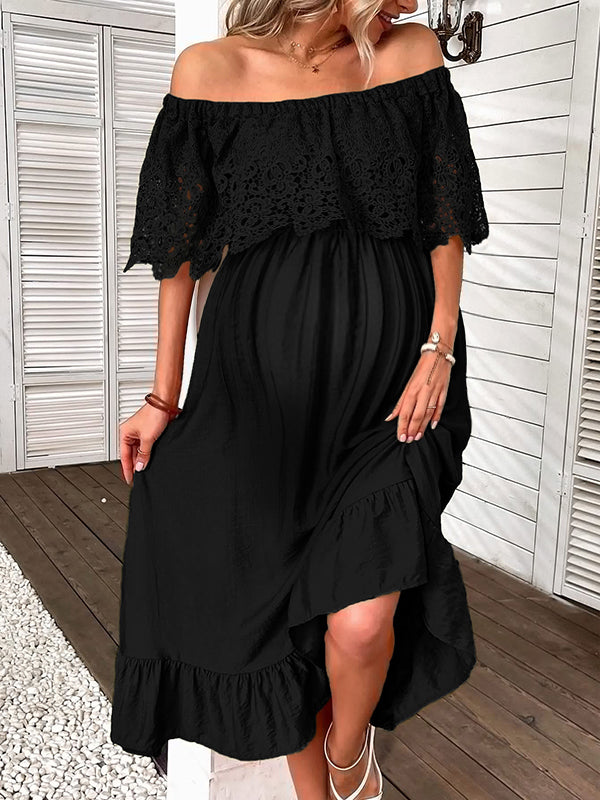 Robe longue grossesse dentelle volants épaule dénudée noir