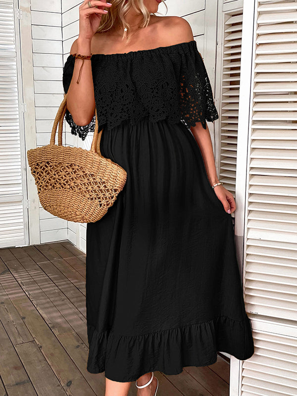 Robe longue grossesse dentelle volants épaule dénudée noir