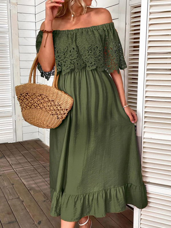 Robe longue grossesse dentelle volants épaule dénudée vert