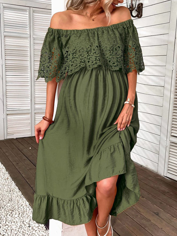 Robe longue grossesse dentelle volants épaule dénudée vert
