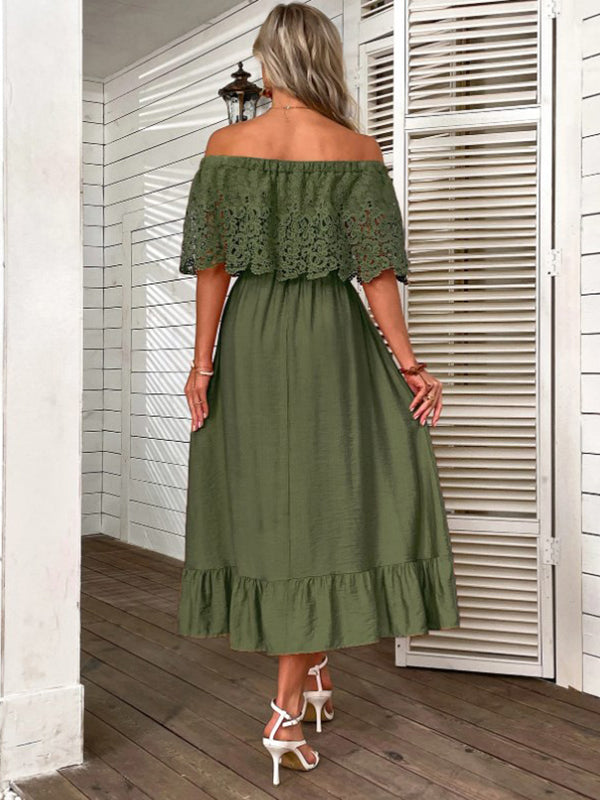 Robe longue grossesse dentelle volants épaule dénudée vert