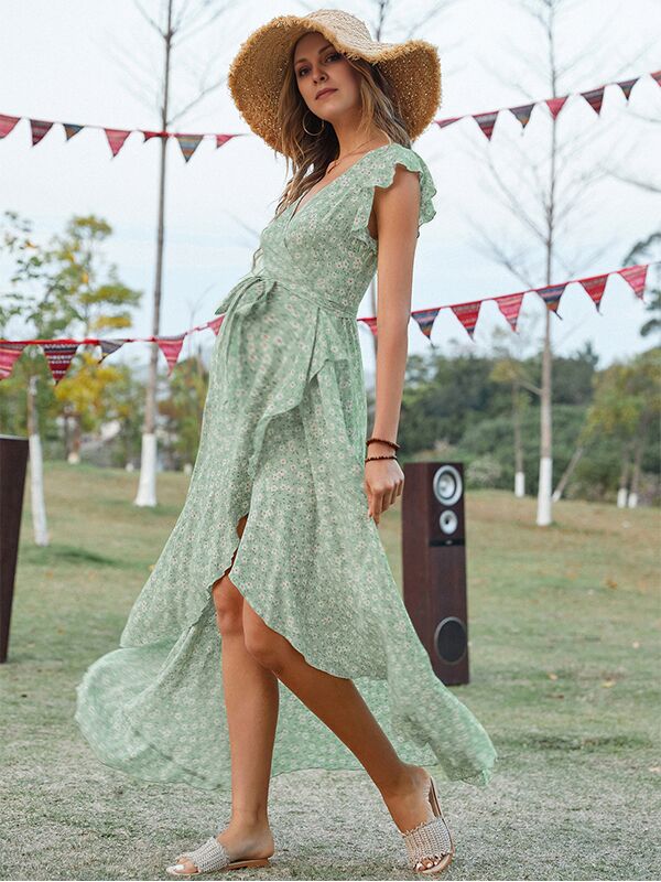 Robes longue grossesse imprimé fleurie ceinture volants vert