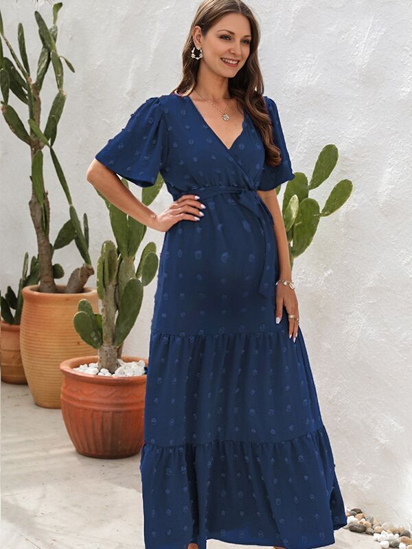 Robes longue grossesse pompon trapèze ceinture bleu