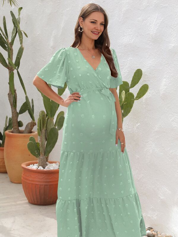 Robes longue grossesse pompon trapèze ceinture vert clair