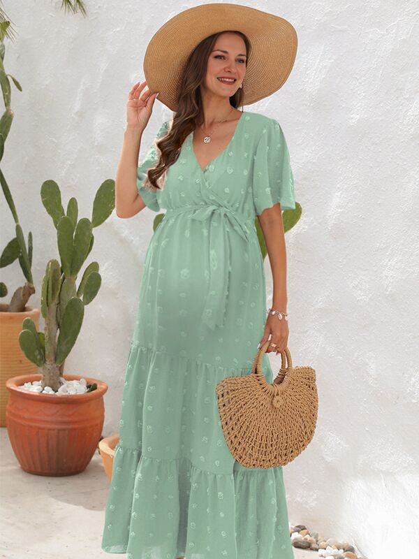 Robes longue grossesse pompon trapèze ceinture vert clair