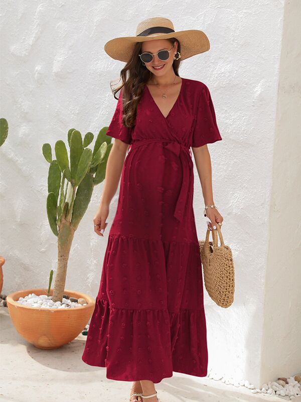 Robes longue grossesse pompon trapèze ceinture bordeaux