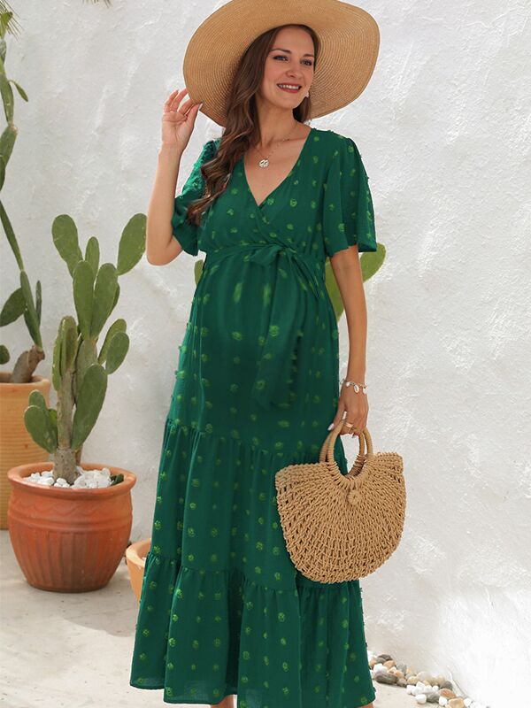 Robes longue grossesse pompon trapèze ceinture vert