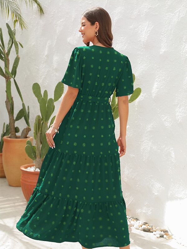 Robes longue grossesse pompon trapèze ceinture vert