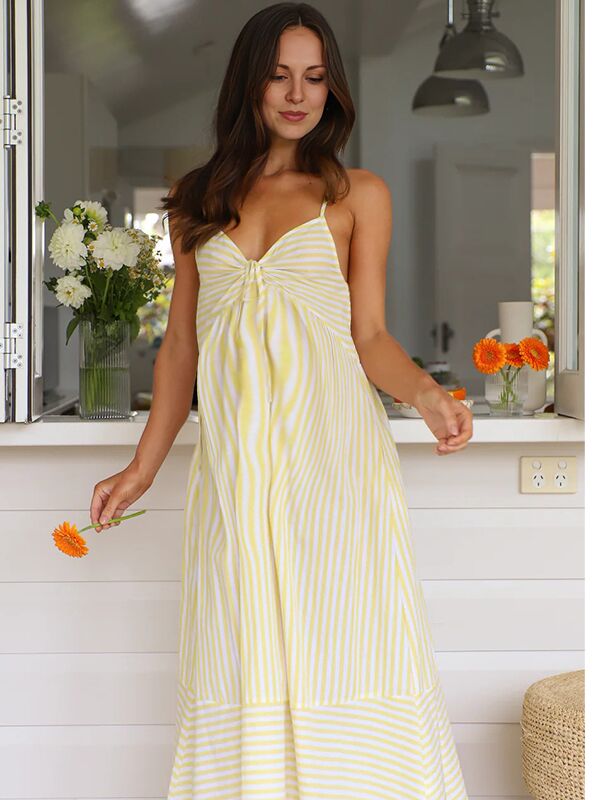 Robes longue grossesse rayé nœud papillon spaghettiträger jaune