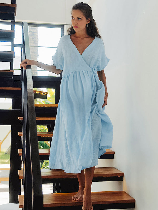 Robe longue grossesse ceinture fendu le côté bleu