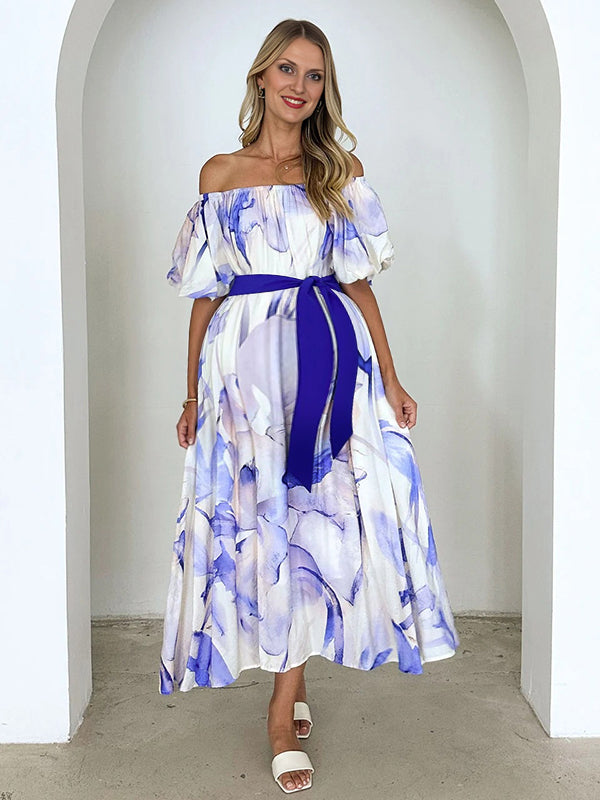 Robe longue grossesse tie and dye ceinture bleu